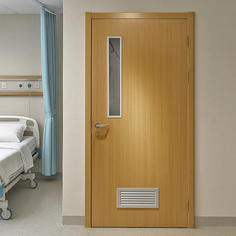 Steel hospital patient room bathroom door