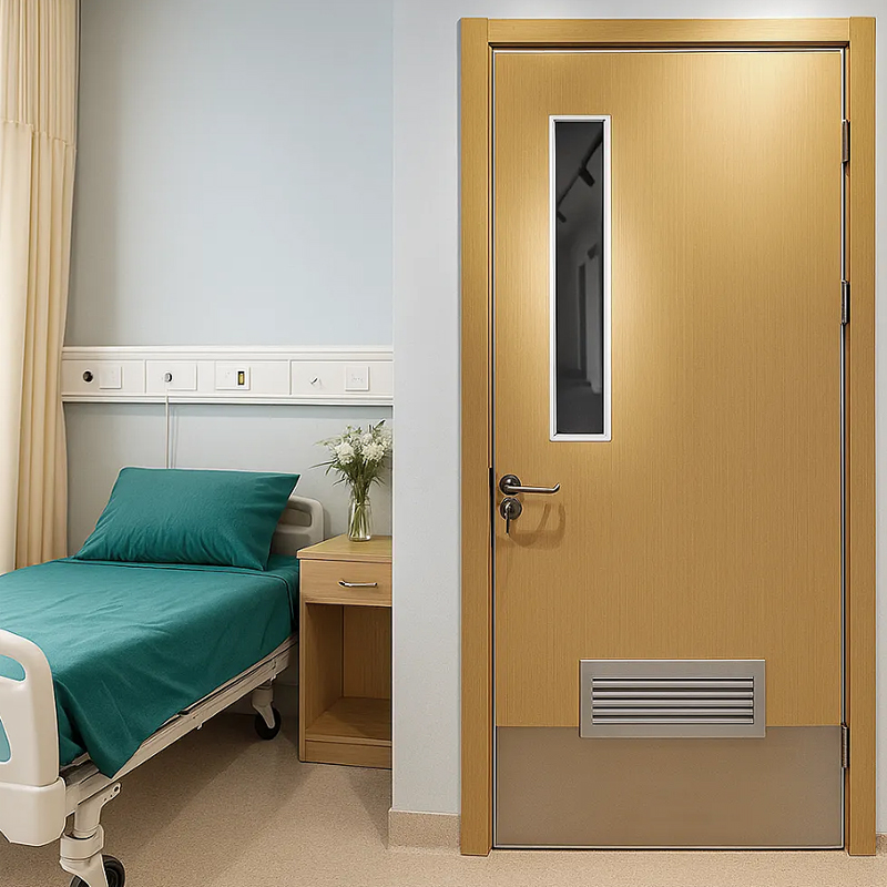 Steel hospital patient room bathroom door