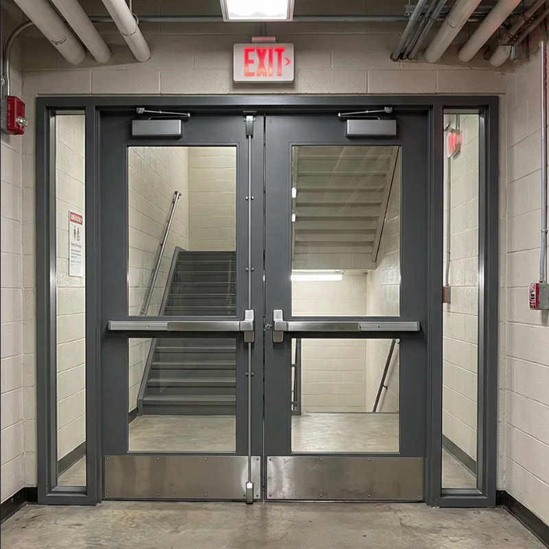 Steel Double Glass Door With Push Bar